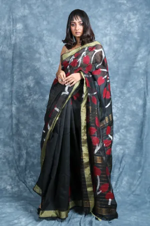 CHARUKRITI Black Handloom Saree With Zari Weaving and Unstitched Blouse