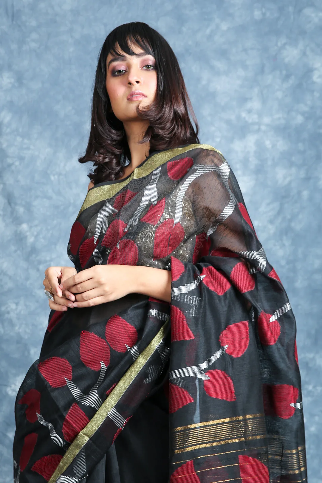 CHARUKRITI Black Handloom Saree With Zari Weaving and Unstitched Blouse
