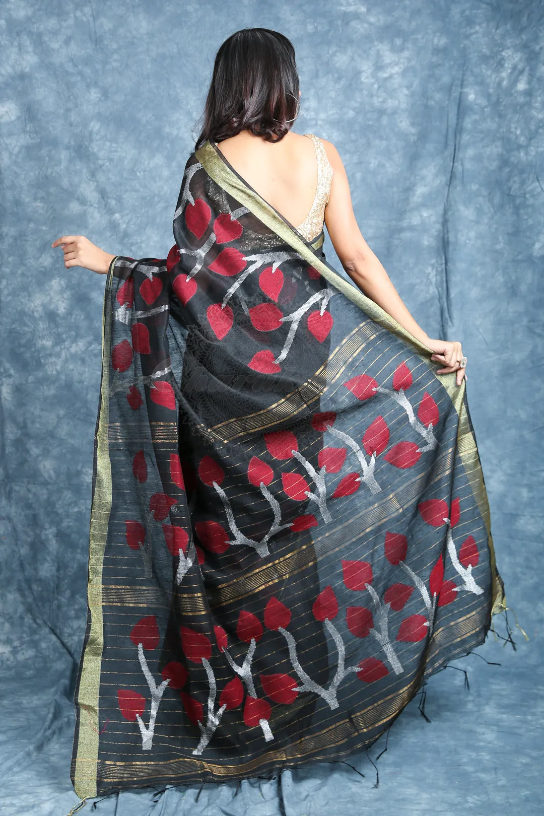CHARUKRITI Black Handloom Saree With Zari Weaving and Unstitched Blouse