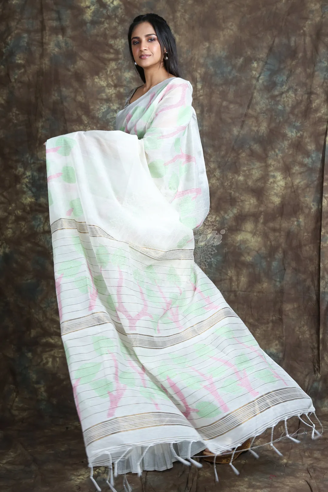 CHARUKRITI White Handloom Saree With Silver Zari Weaving and Unstitched Blouse