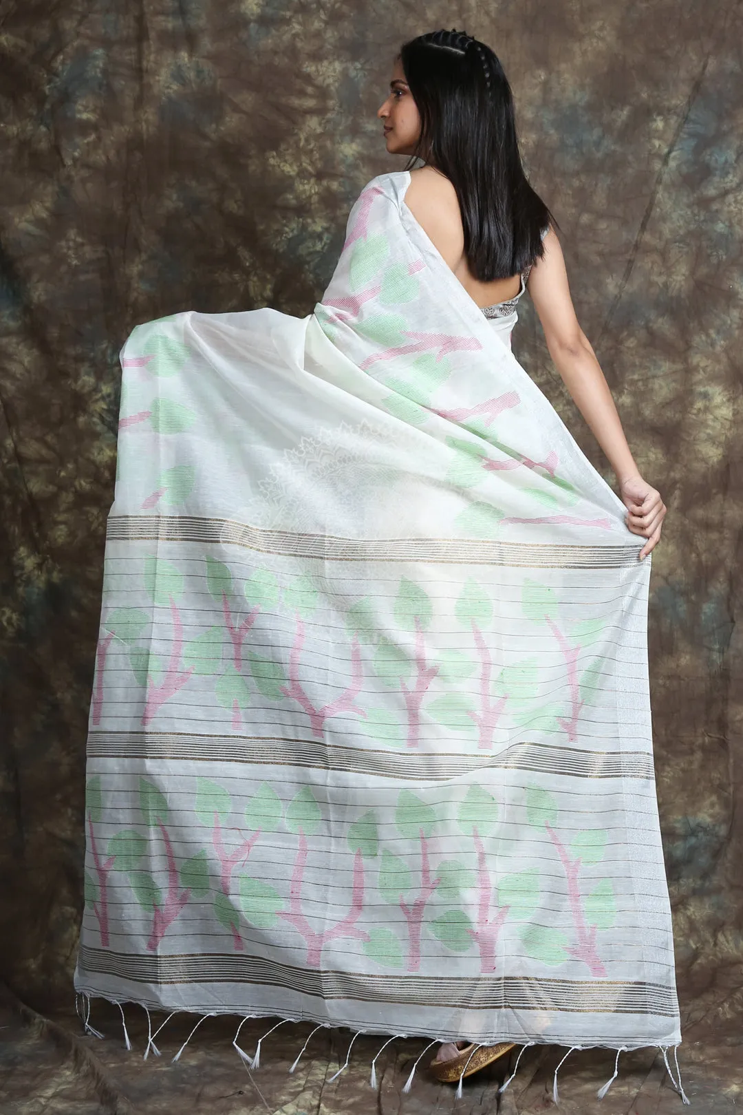 CHARUKRITI White Handloom Saree With Silver Zari Weaving and Unstitched Blouse