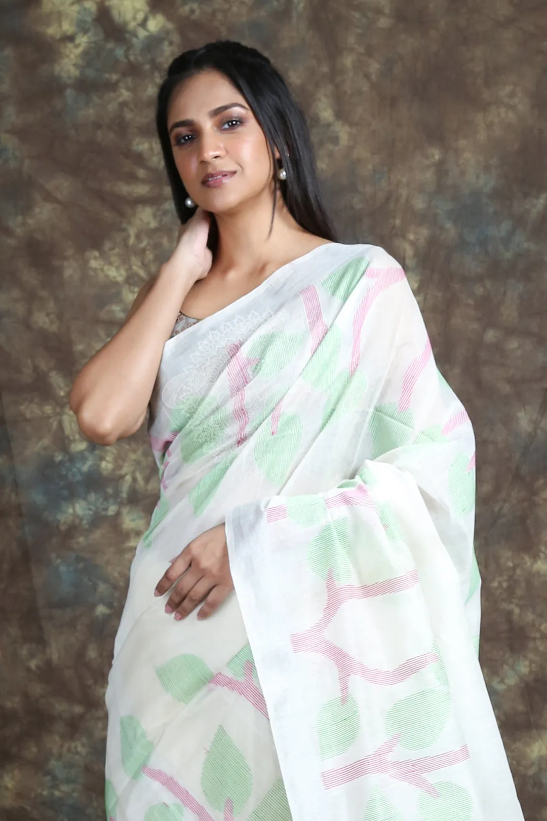 CHARUKRITI White Handloom Saree With Silver Zari Weaving and Unstitched Blouse