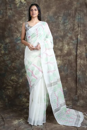 CHARUKRITI White Handloom Saree With Silver Zari Weaving and Unstitched Blouse
