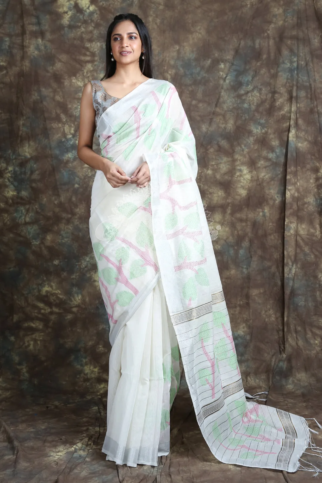 CHARUKRITI White Handloom Saree With Silver Zari Weaving and Unstitched Blouse