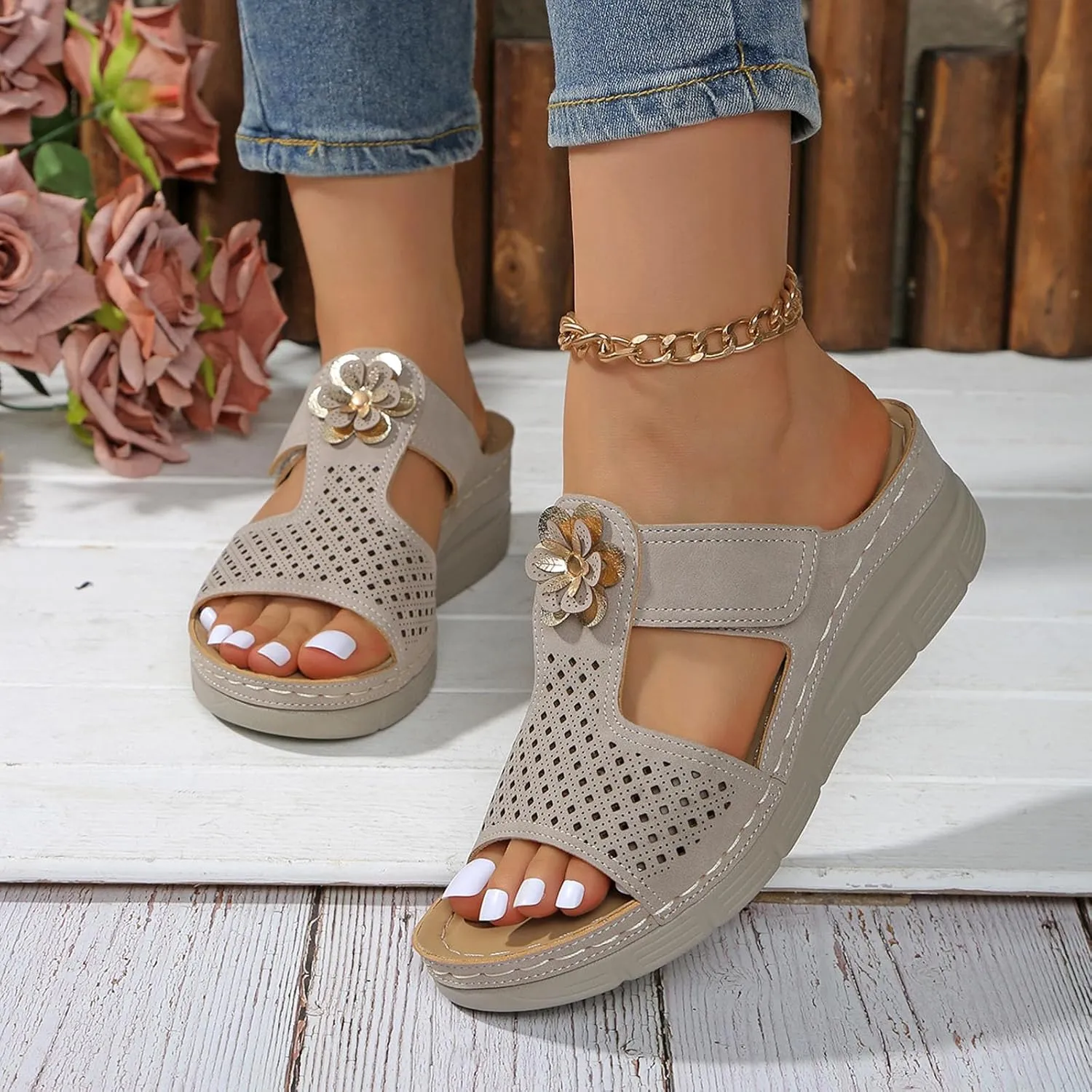 Comfortable Dressy Summer Shoes Wedge Heel Slippers For Women Fashion Flower Decoration Sandals Casual Sandals For Women