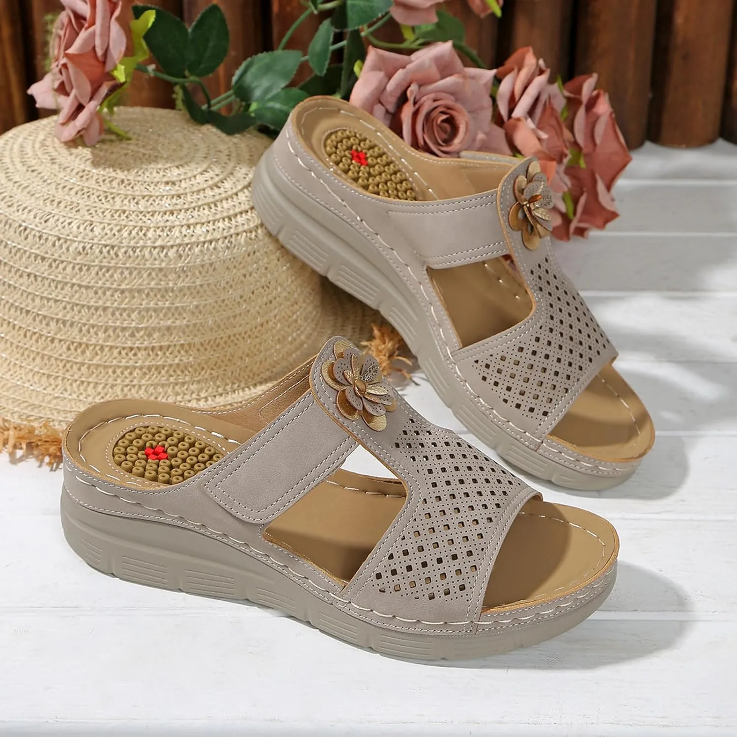 Comfortable Dressy Summer Shoes Wedge Heel Slippers For Women Fashion Flower Decoration Sandals Casual Sandals For Women