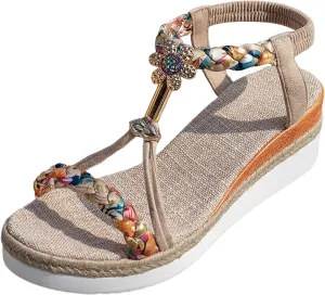 Comfortable Summer Espadrilles Wedges Thick Soled Wedge Heeled Women's Shoes Bohemian Hollow Colorful Decoration Outer