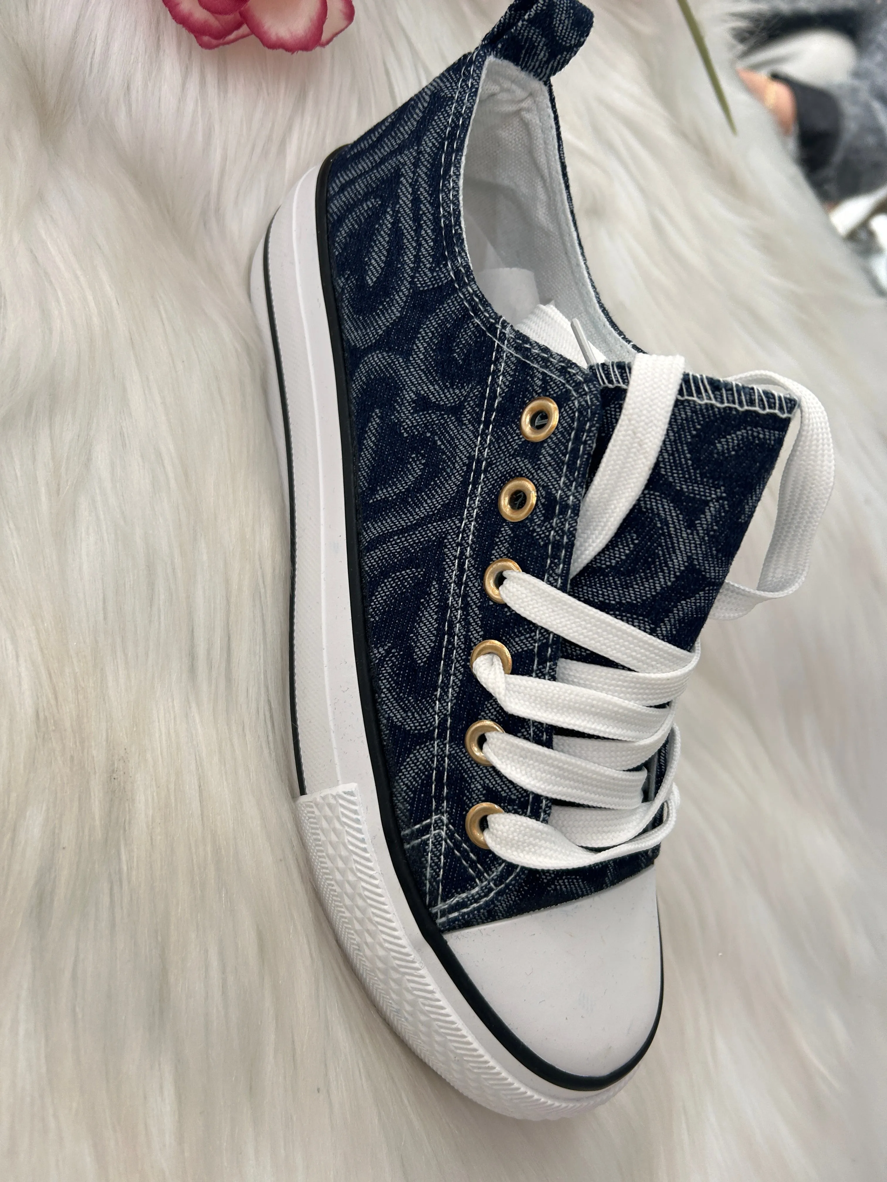 Denim Flatform Verse Lace Up Trainers With Heart Pattern