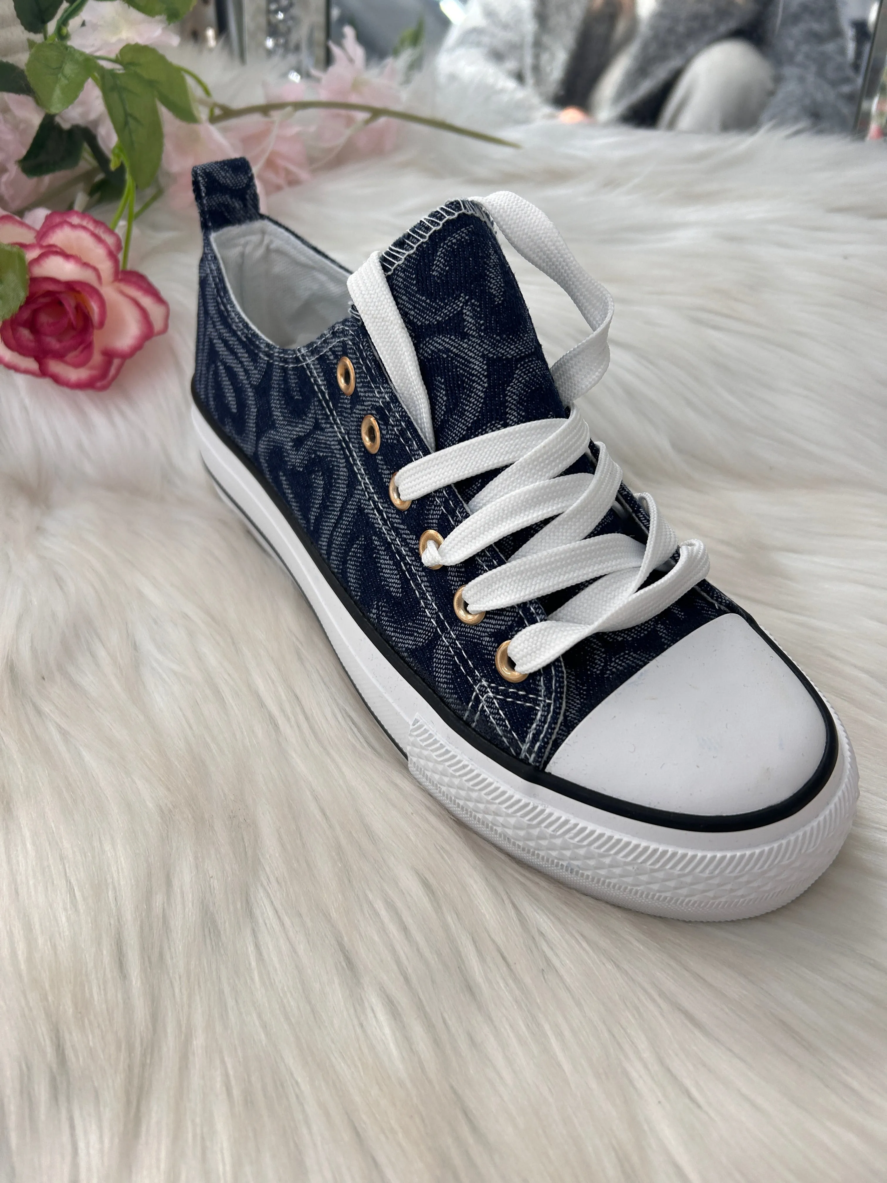 Denim Flatform Verse Lace Up Trainers With Heart Pattern