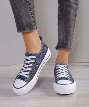Denim Flatform Verse Lace Up Trainers With Heart Pattern