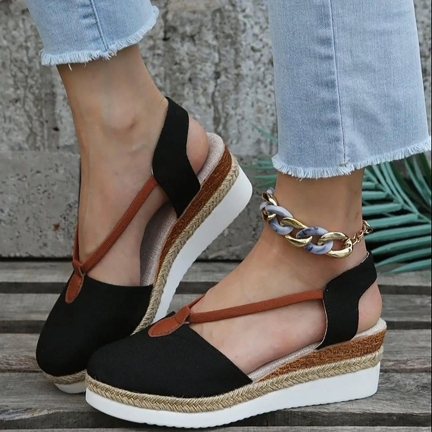 Espadrilles Wedges for Women Closed Toe Backless Woven Flax Thick Sole Sandals Cushion Slip-On Comfortable Footbed Sandals Summer Beach Outdoor Arch Support Shoes
