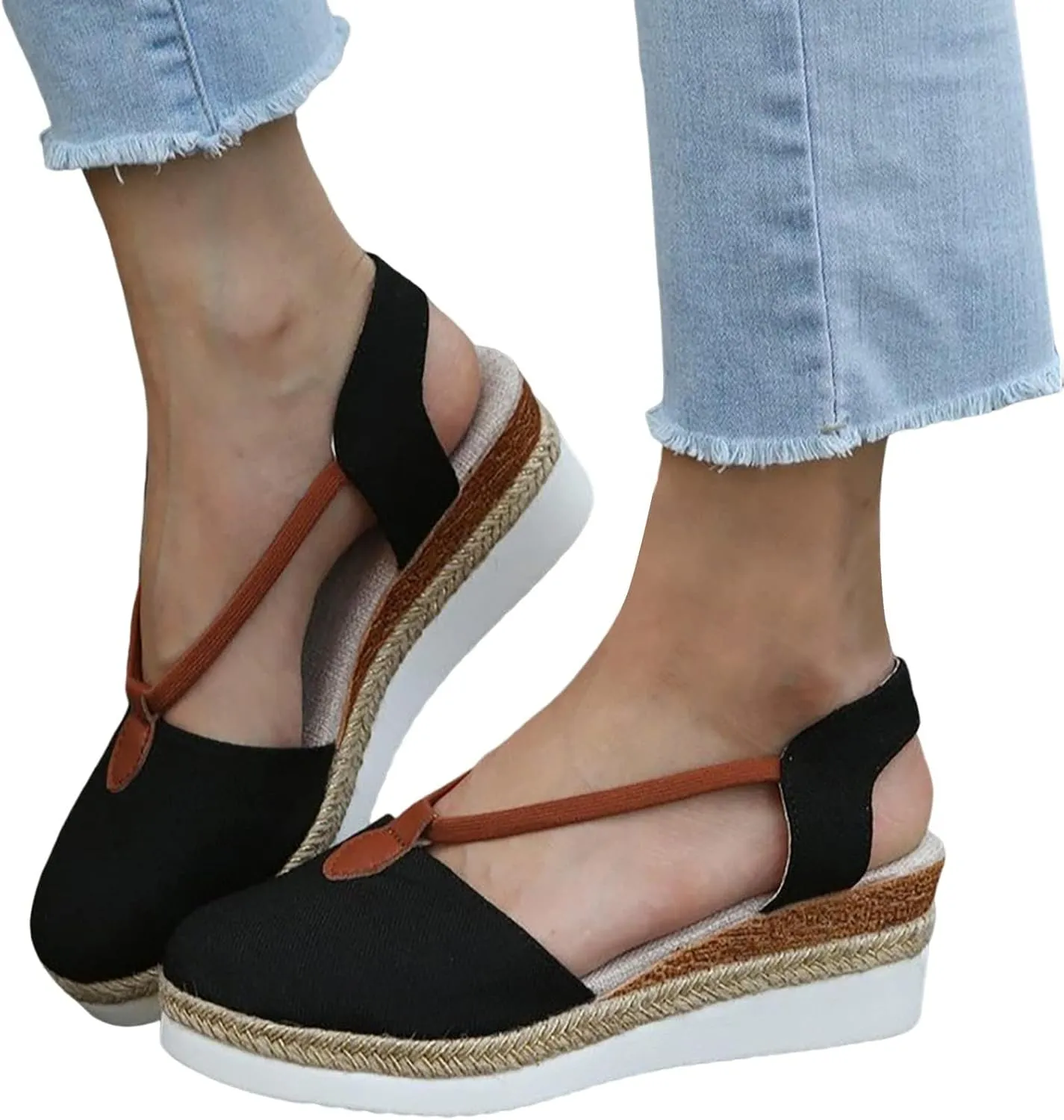Espadrilles Wedges for Women Closed Toe Backless Woven Flax Thick Sole Sandals Cushion Slip-On Comfortable Footbed Sandals Summer Beach Outdoor Arch Support Shoes