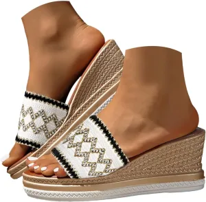 Espadrilles Woven Wedge Sandals for Women 2025 Summer Fashionable Casual Open Toe High Heel Comfortable Dress Slip on Sandals Beach Vacation Outdoor Boho Comfortable Ankle Strap Sandal