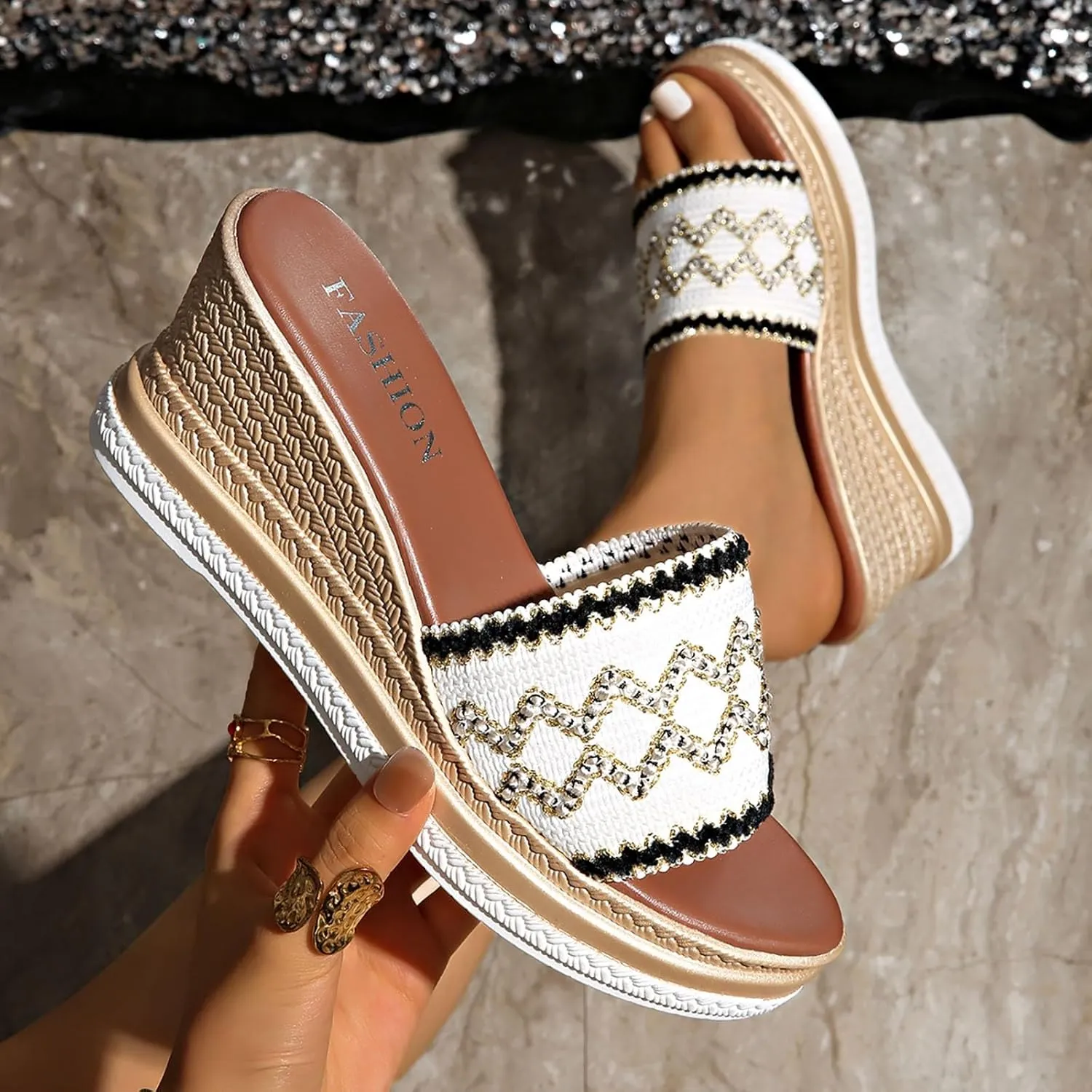 Espadrilles Woven Wedge Sandals for Women 2025 Summer Fashionable Casual Open Toe High Heel Comfortable Dress Slip on Sandals Beach Vacation Outdoor Boho Comfortable Ankle Strap Sandal
