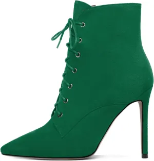 Esvowido Women's Ankle Boots Pointed Toe Stiletto High Heel Boots Side Zipper Booties Lace Up Boots Party Dressy Shoes 4 Inch