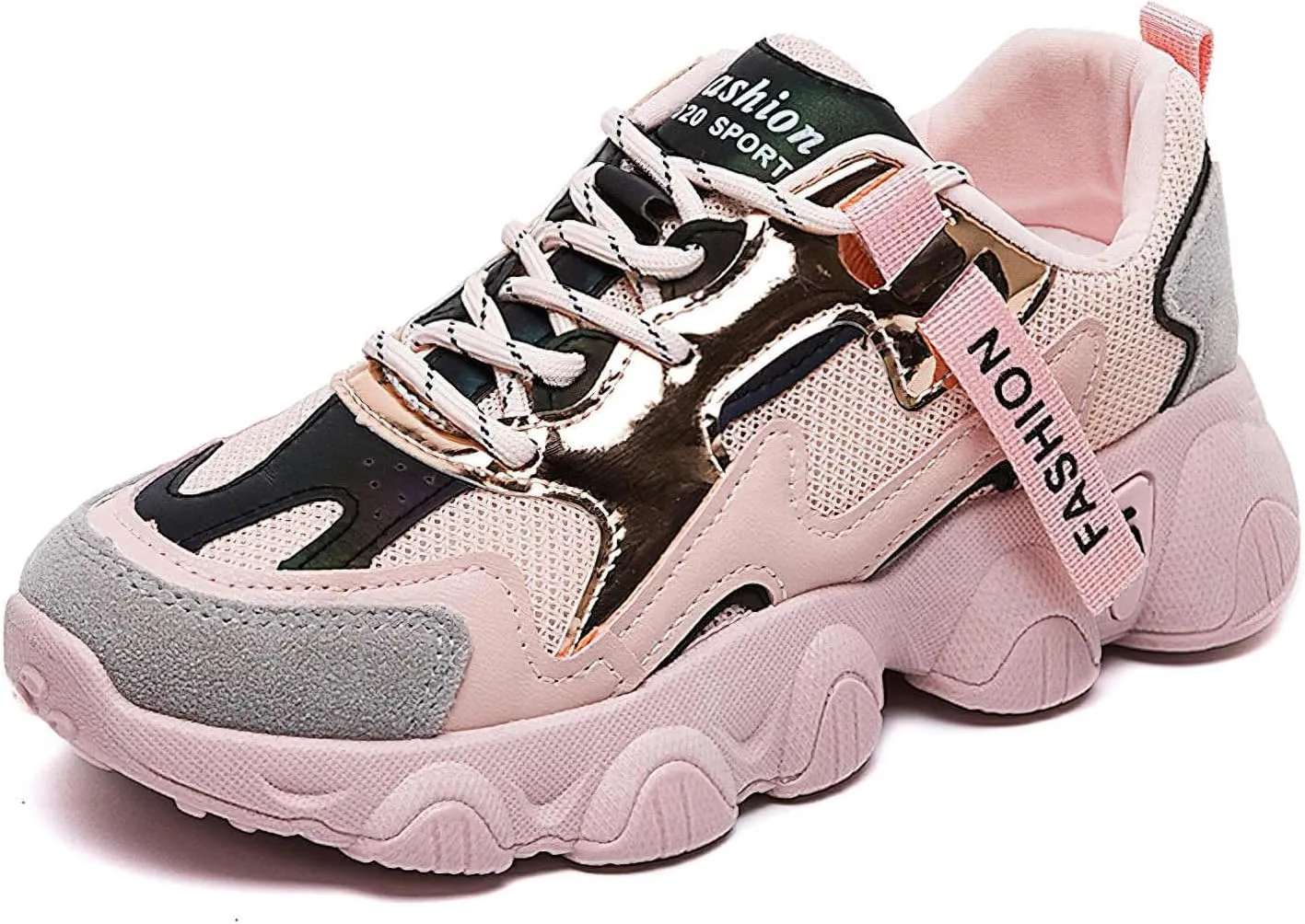 Exusiai Womens Casual Chunky Sneakers White Mesh Breathable Lightweight Platform Shoes Soft Pink Walking Running Dad Shoes