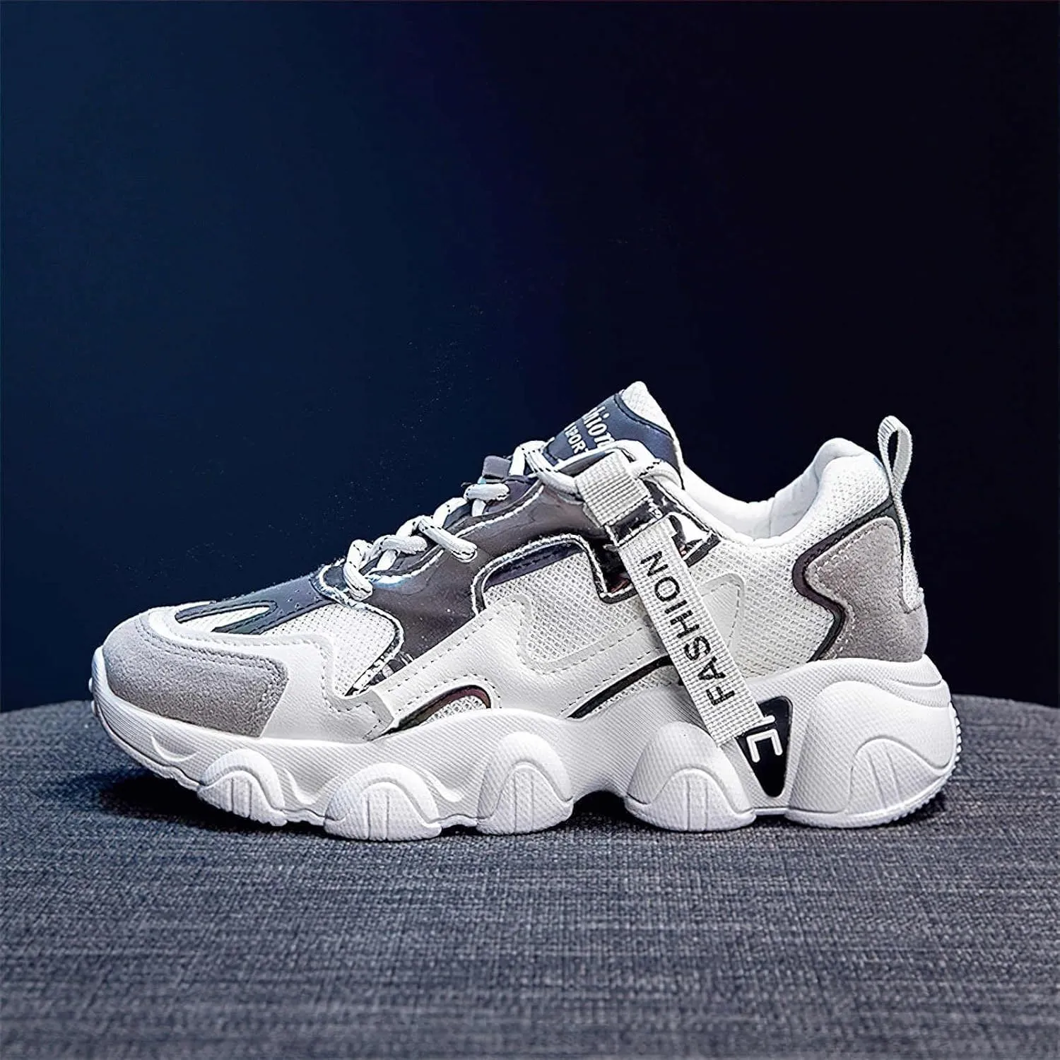 Exusiai Womens Casual Chunky Sneakers White Mesh Breathable Lightweight Platform Shoes Soft Pink Walking Running Dad Shoes