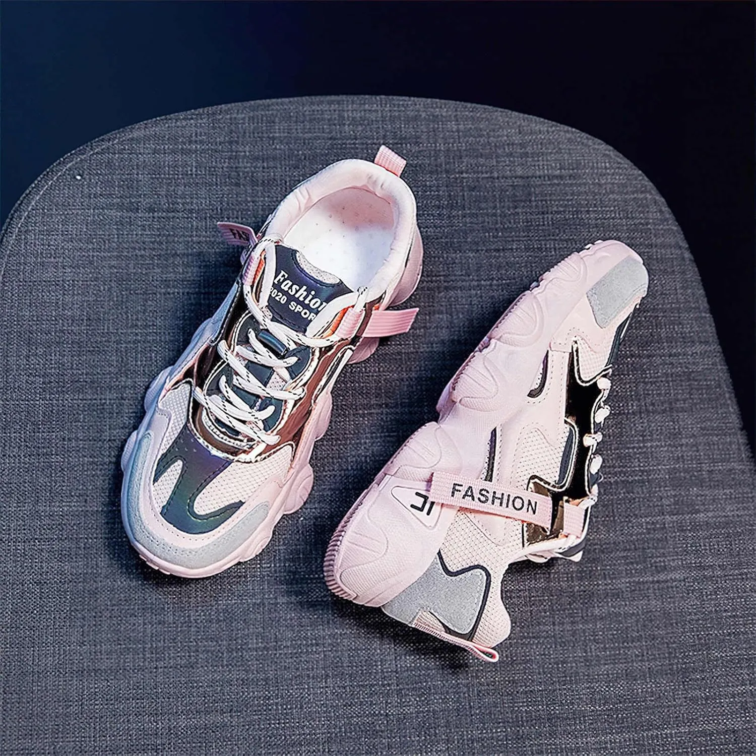 Exusiai Womens Casual Chunky Sneakers White Mesh Breathable Lightweight Platform Shoes Soft Pink Walking Running Dad Shoes