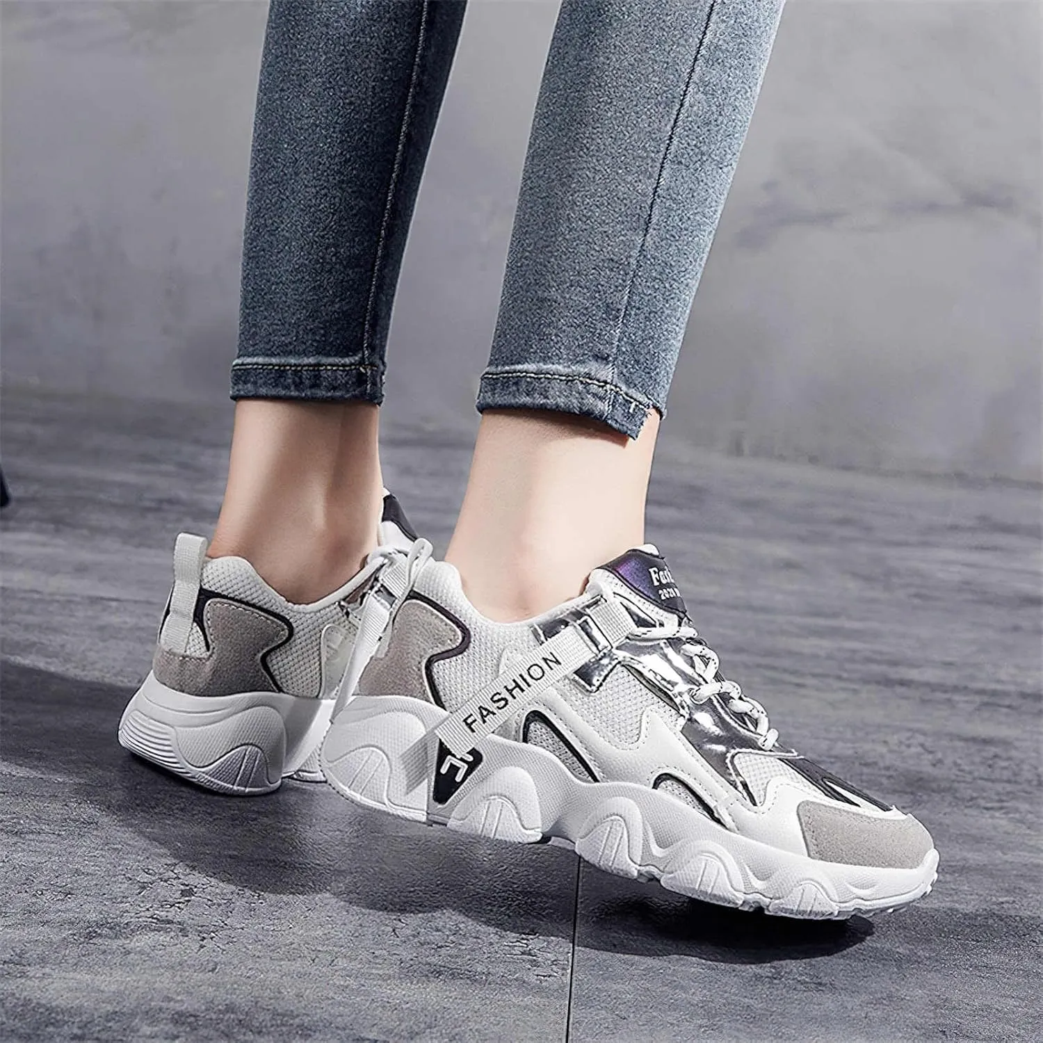 Exusiai Womens Casual Chunky Sneakers White Mesh Breathable Lightweight Platform Shoes Soft Pink Walking Running Dad Shoes