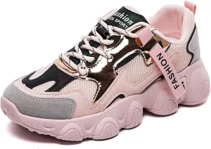 Exusiai Womens Casual Chunky Sneakers White Mesh Breathable Lightweight Platform Shoes Soft Pink Walking Running Dad Shoes
