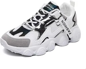 Exusiai Womens Casual Chunky Sneakers White Mesh Breathable Lightweight Platform Shoes Soft Pink Walking Running Dad Shoes