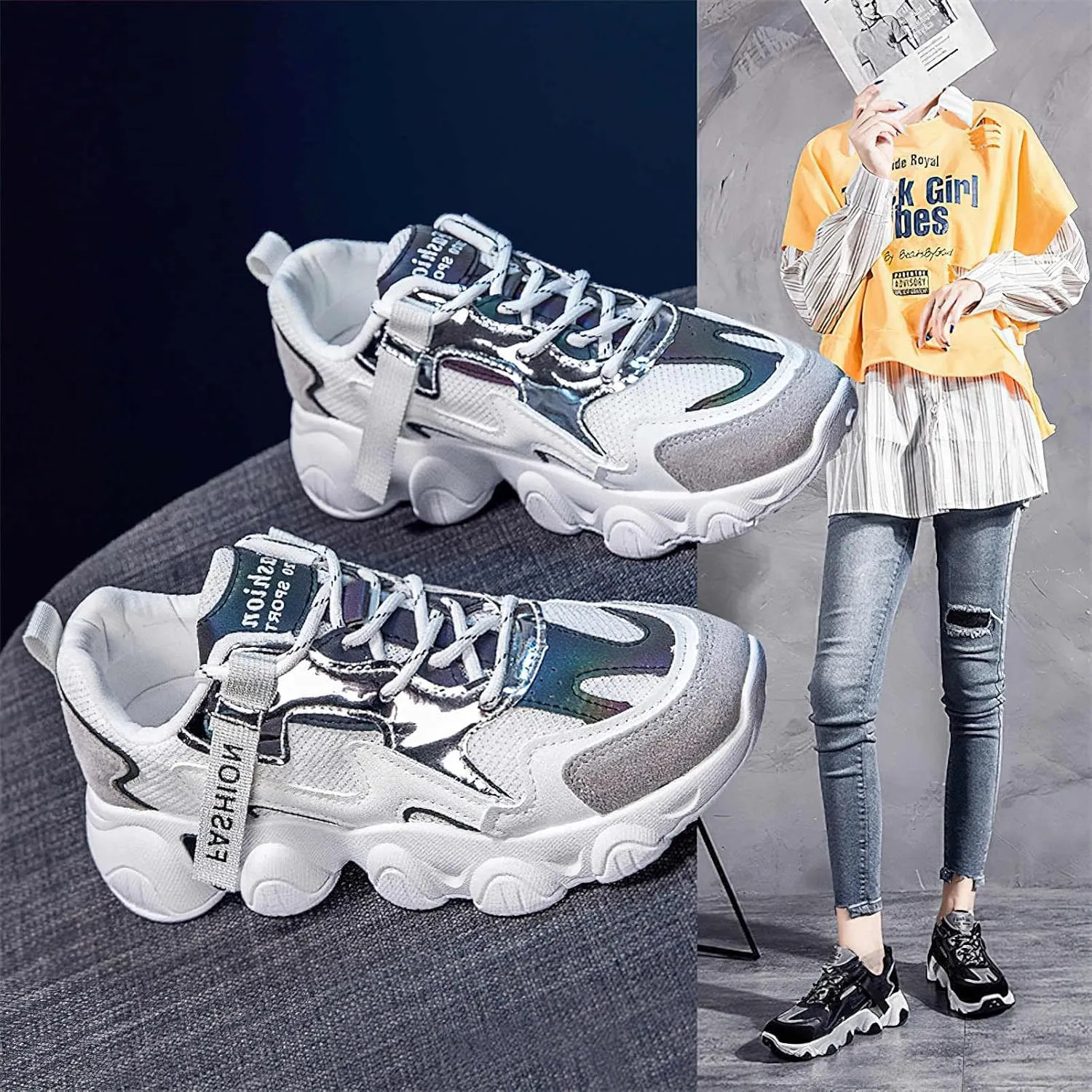 Exusiai Womens Casual Chunky Sneakers White Mesh Breathable Lightweight Platform Shoes Soft Pink Walking Running Dad Shoes