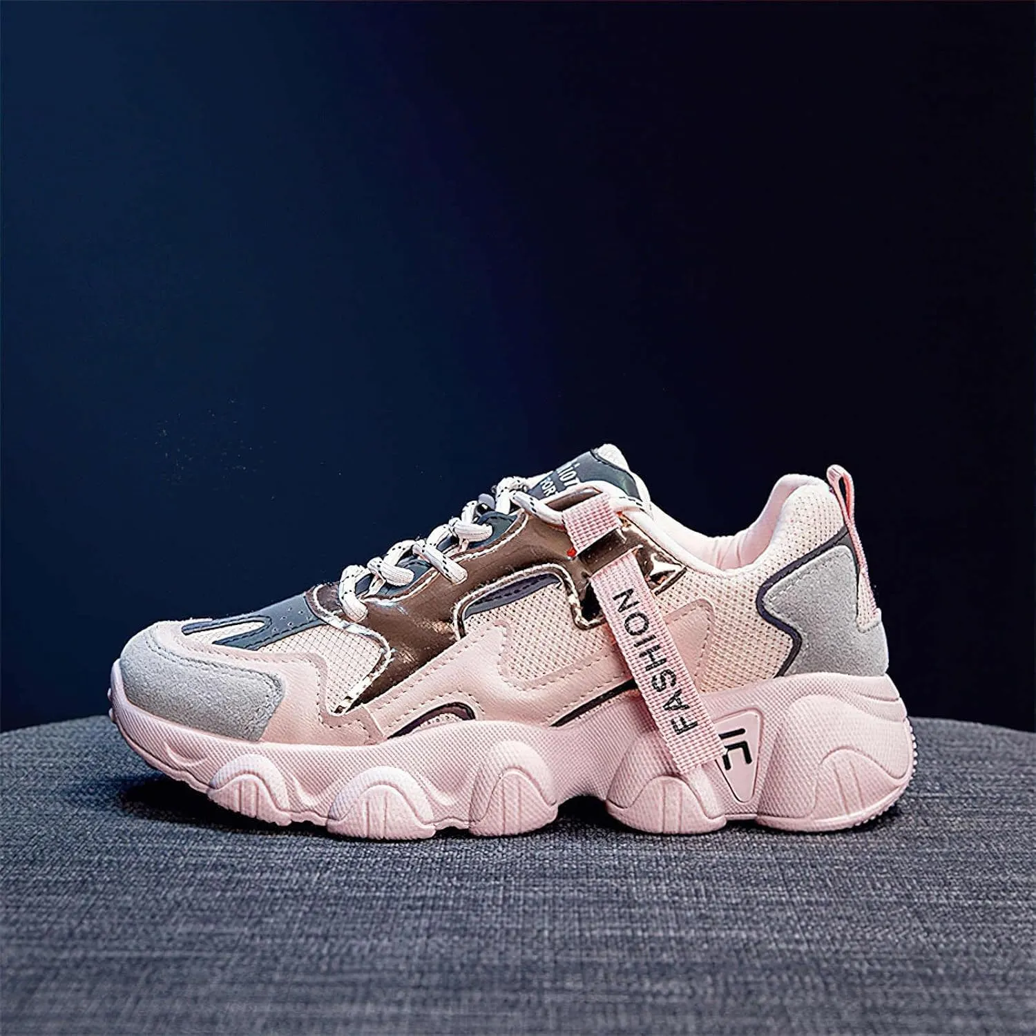 Exusiai Womens Casual Chunky Sneakers White Mesh Breathable Lightweight Platform Shoes Soft Pink Walking Running Dad Shoes