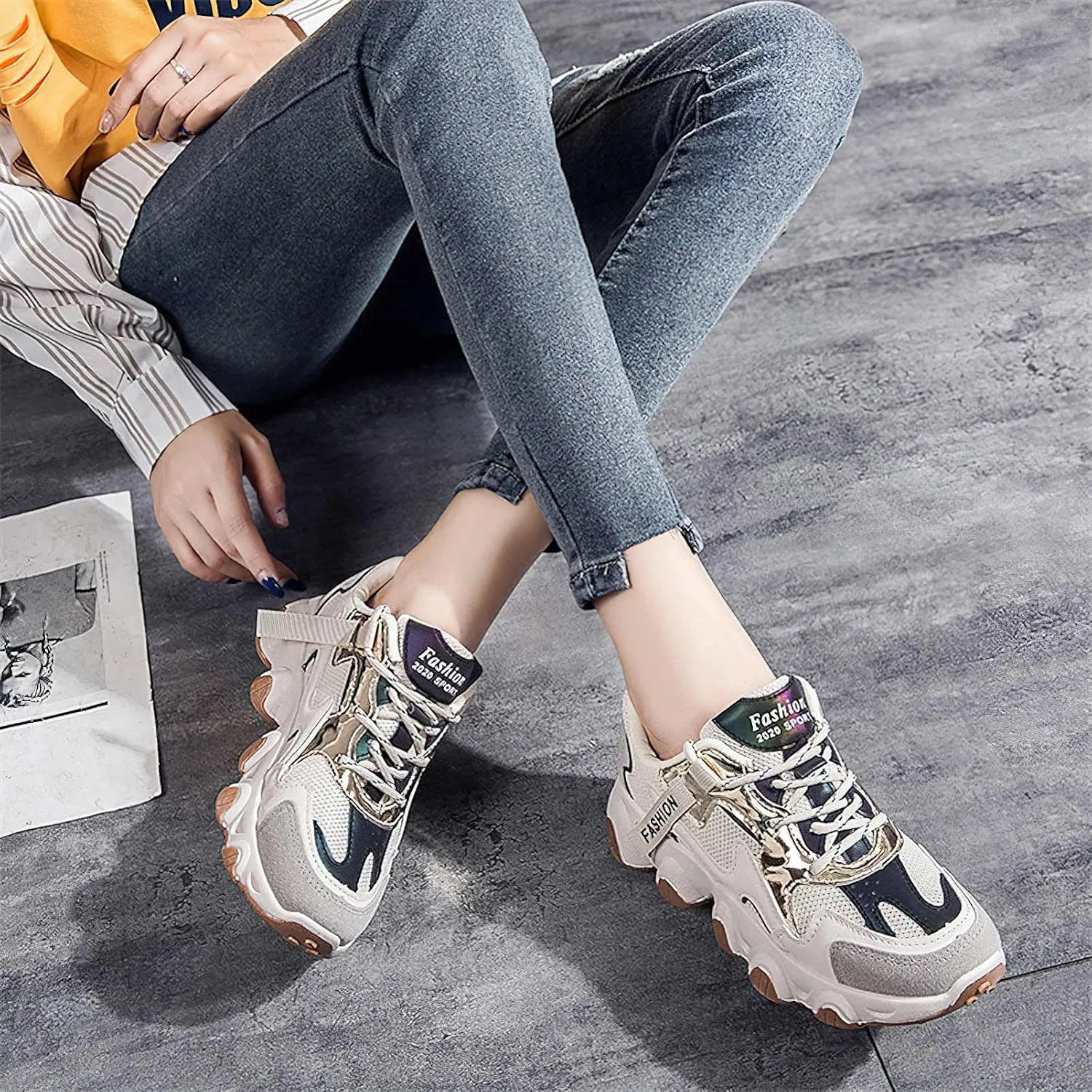 Exusiai Womens Casual Chunky Sneakers White Mesh Breathable Lightweight Platform Shoes Soft Pink Walking Running Dad Shoes