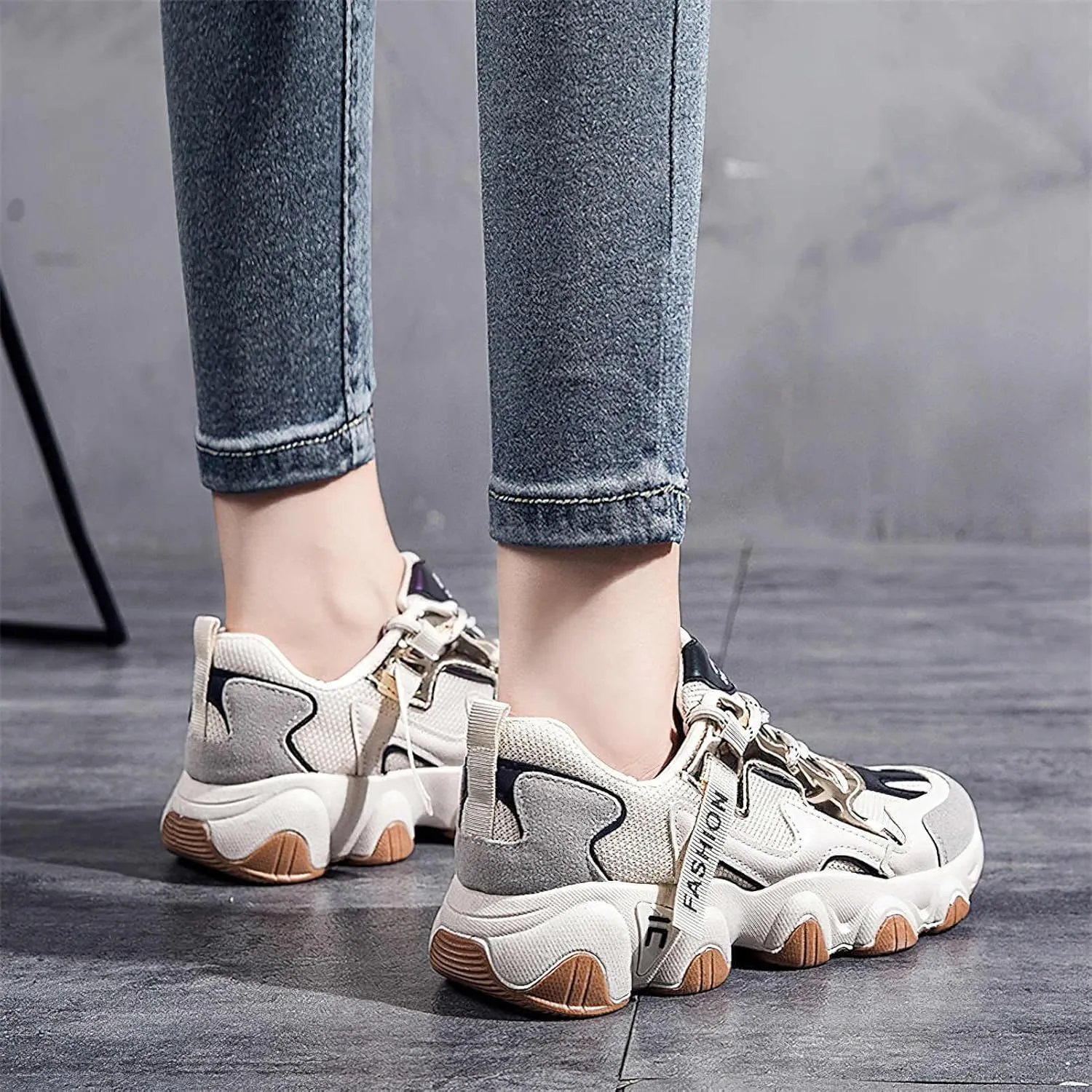 Exusiai Womens Casual Chunky Sneakers White Mesh Breathable Lightweight Platform Shoes Soft Pink Walking Running Dad Shoes