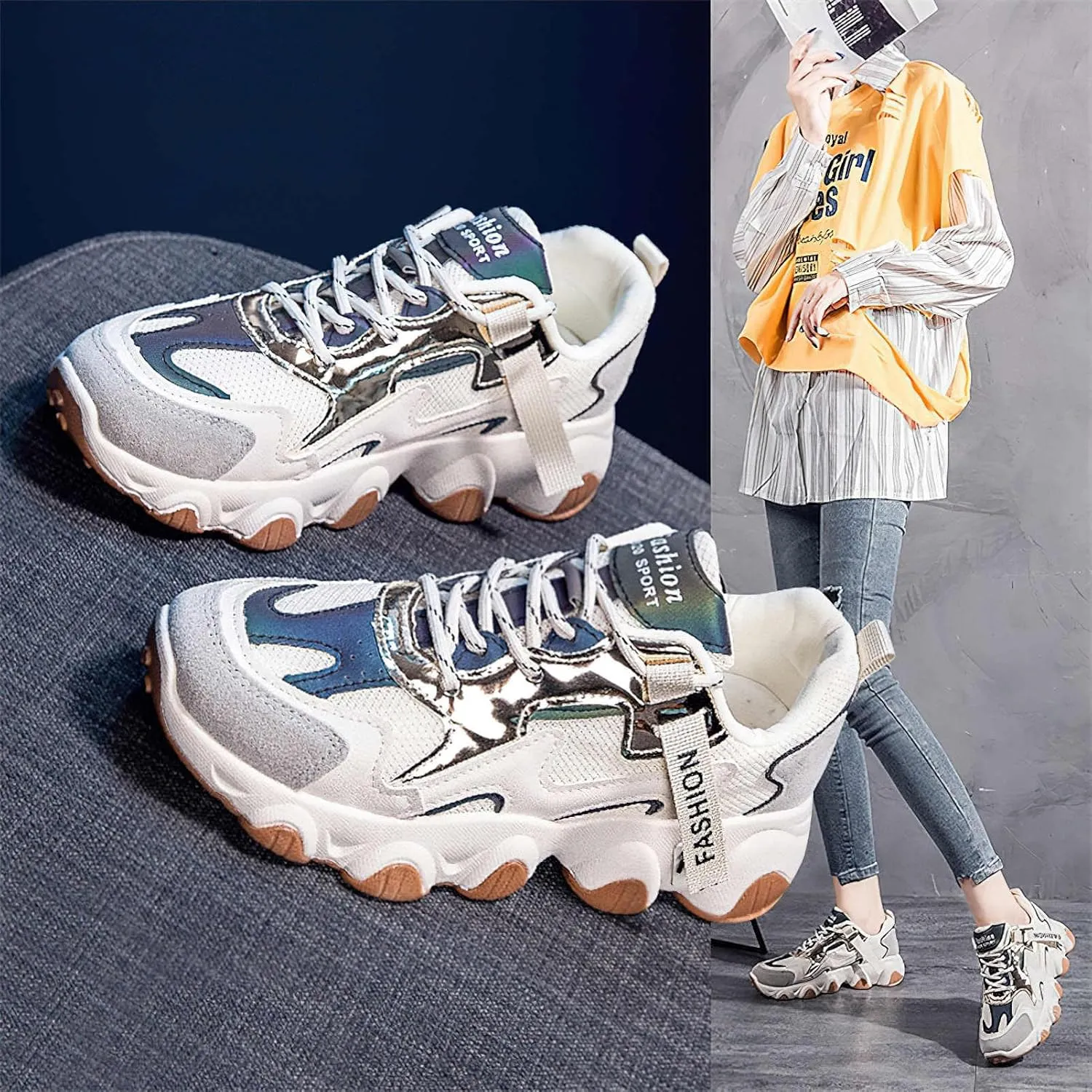 Exusiai Womens Casual Chunky Sneakers White Mesh Breathable Lightweight Platform Shoes Soft Pink Walking Running Dad Shoes