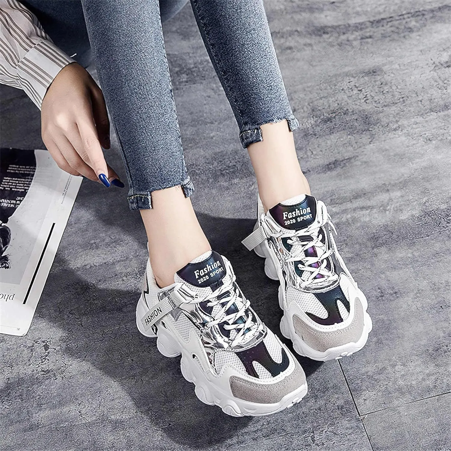 Exusiai Womens Casual Chunky Sneakers White Mesh Breathable Lightweight Platform Shoes Soft Pink Walking Running Dad Shoes