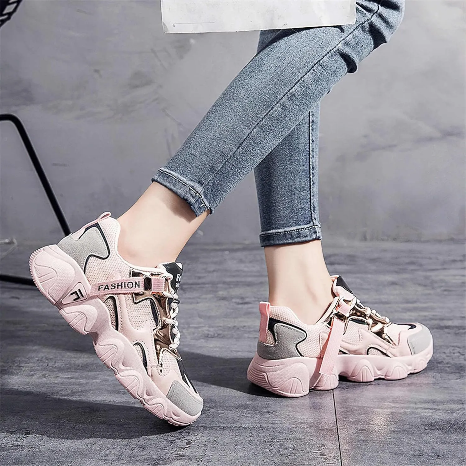 Exusiai Womens Casual Chunky Sneakers White Mesh Breathable Lightweight Platform Shoes Soft Pink Walking Running Dad Shoes