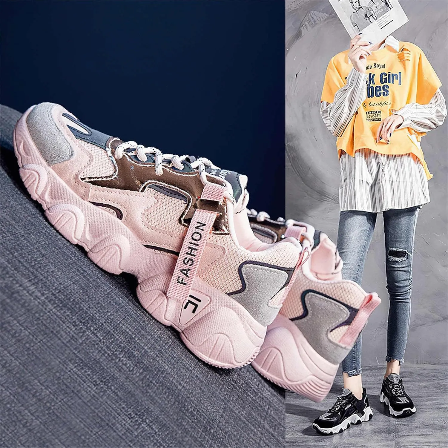 Exusiai Womens Casual Chunky Sneakers White Mesh Breathable Lightweight Platform Shoes Soft Pink Walking Running Dad Shoes