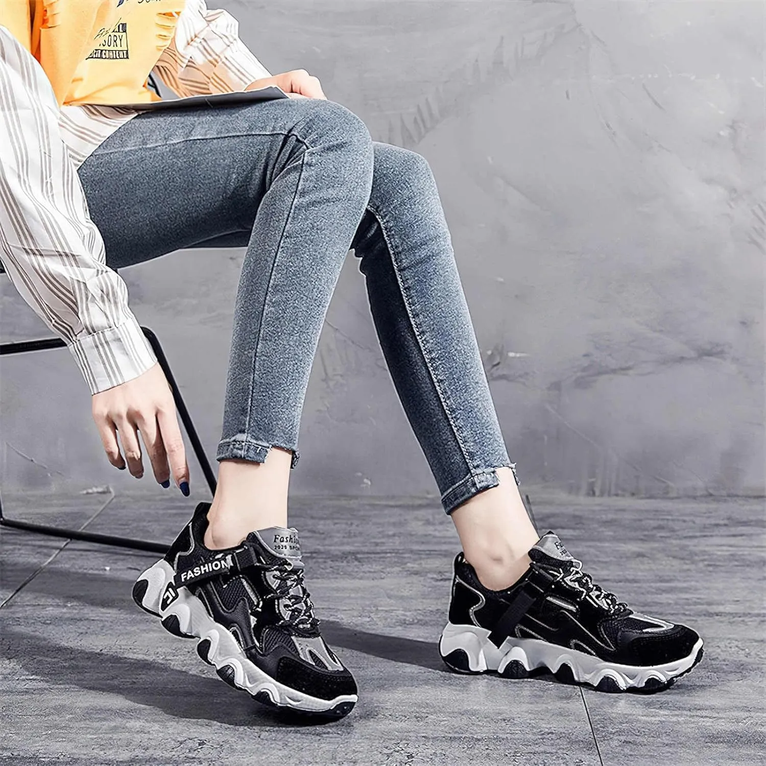 Exusiai Womens Casual Chunky Sneakers White Mesh Breathable Lightweight Platform Shoes Soft Pink Walking Running Dad Shoes