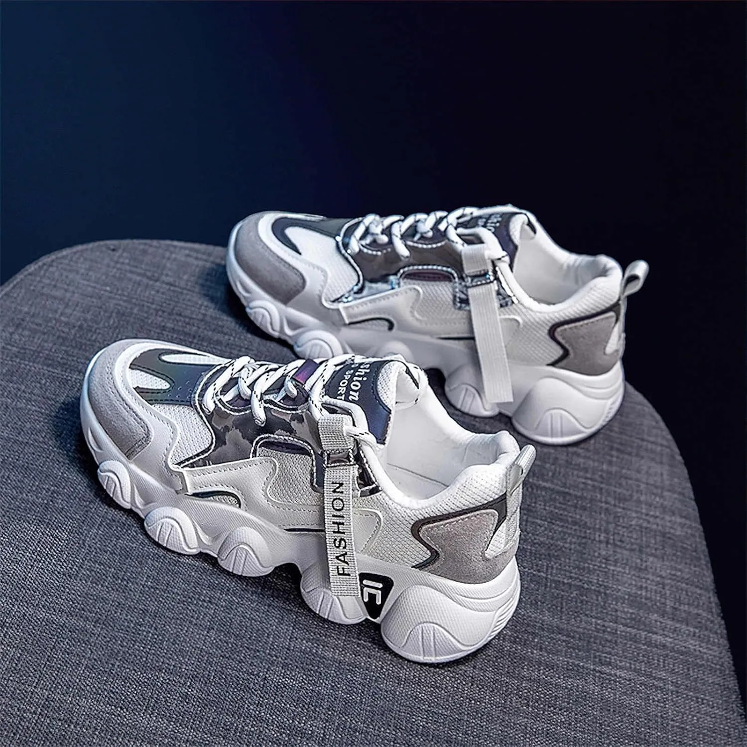 Exusiai Womens Casual Chunky Sneakers White Mesh Breathable Lightweight Platform Shoes Soft Pink Walking Running Dad Shoes