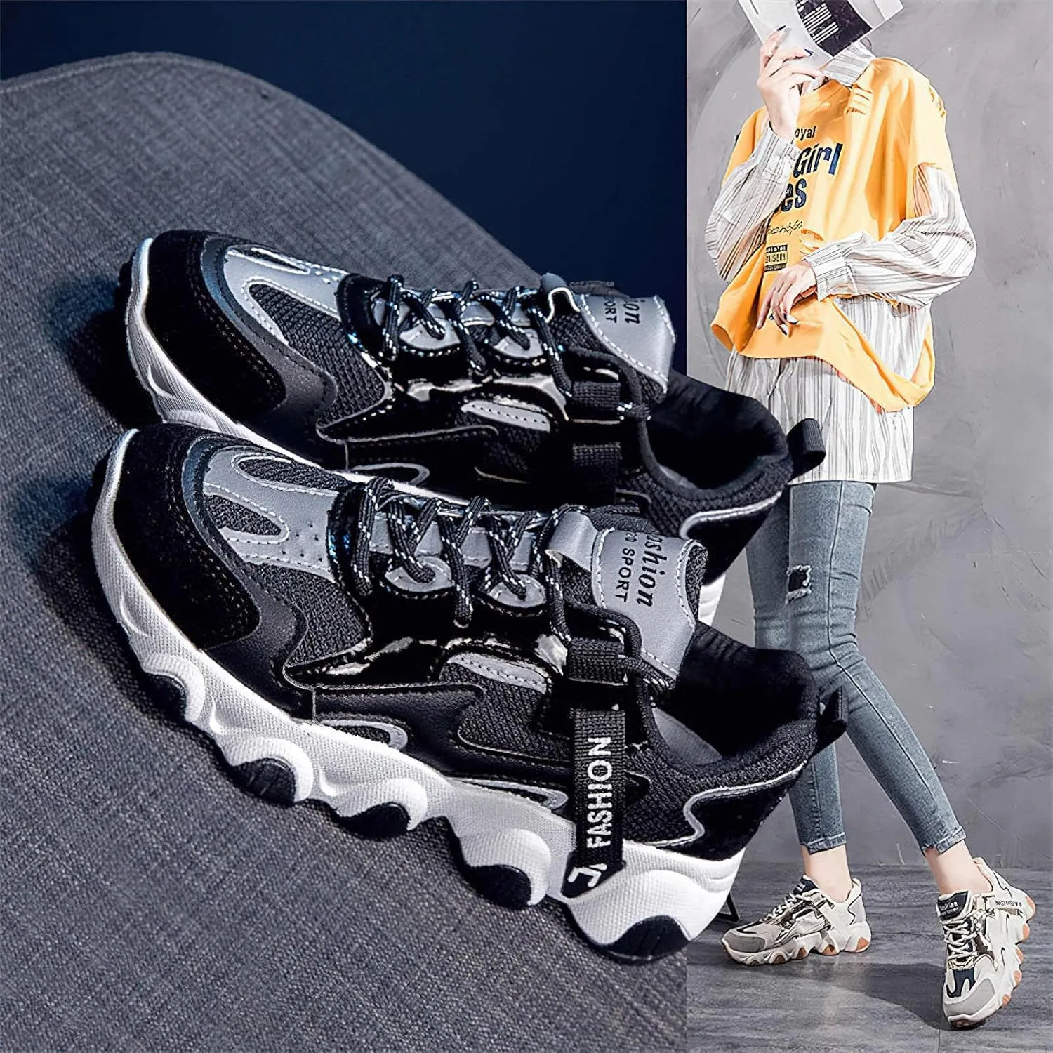 Exusiai Womens Casual Chunky Sneakers White Mesh Breathable Lightweight Platform Shoes Soft Pink Walking Running Dad Shoes