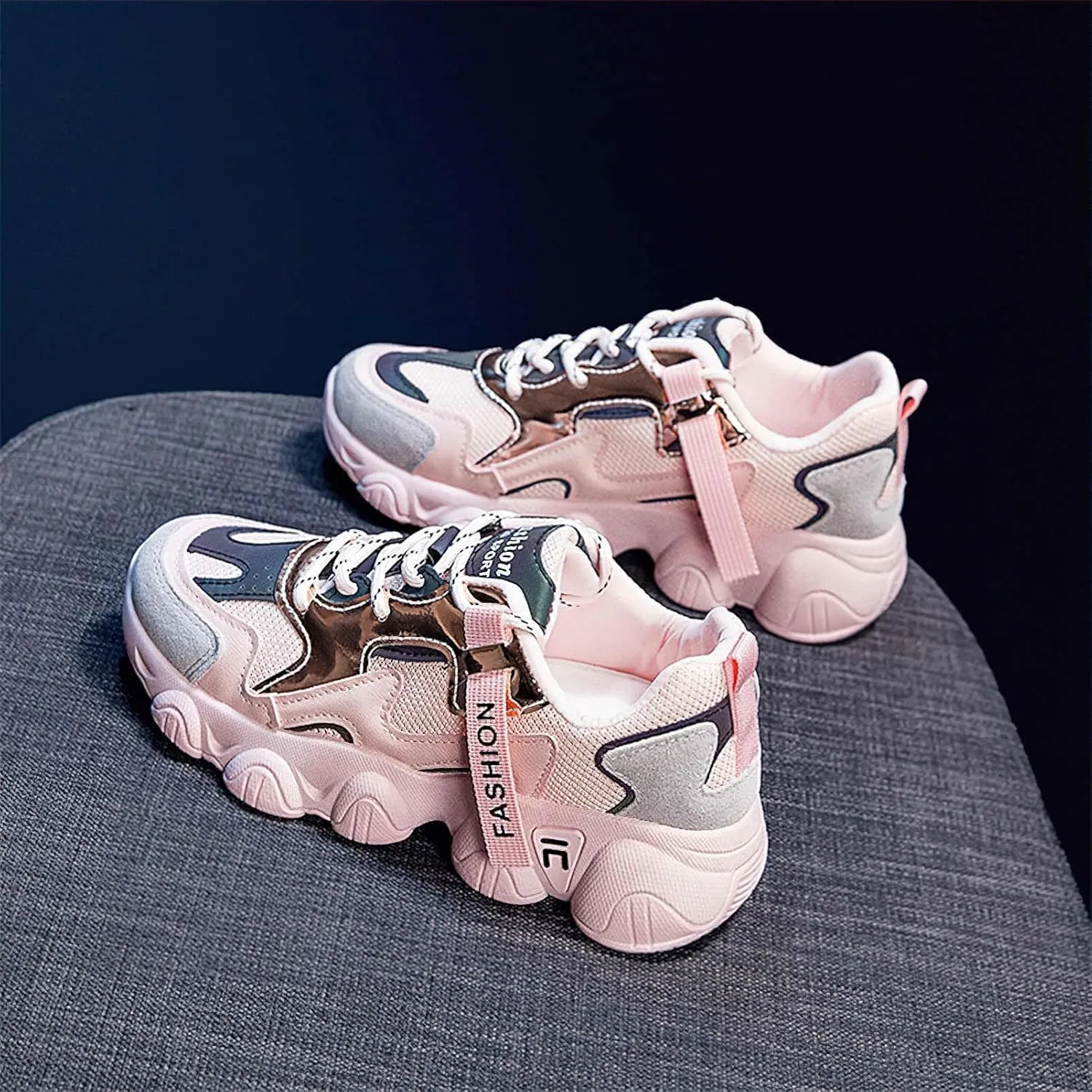 Exusiai Womens Casual Chunky Sneakers White Mesh Breathable Lightweight Platform Shoes Soft Pink Walking Running Dad Shoes