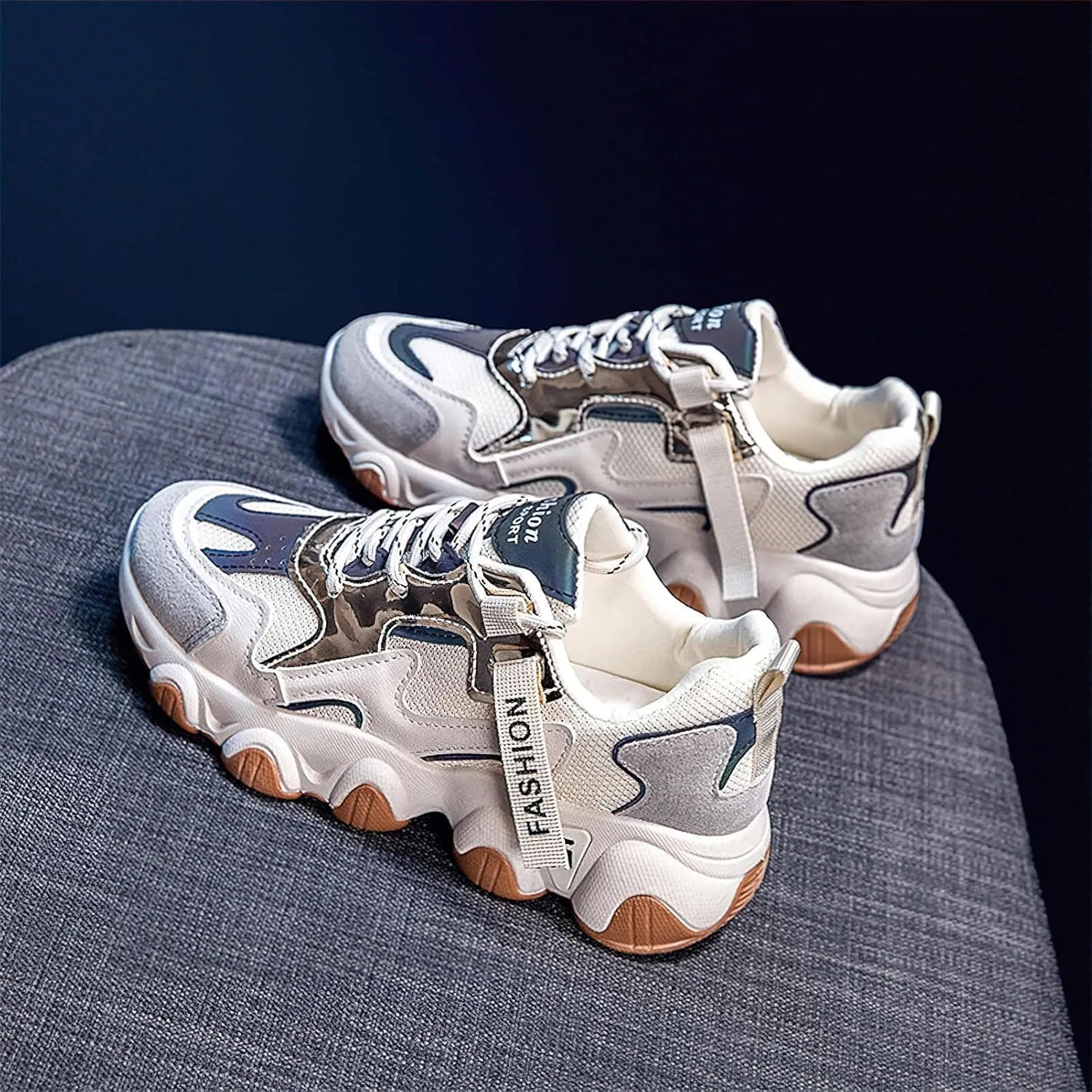Exusiai Womens Casual Chunky Sneakers White Mesh Breathable Lightweight Platform Shoes Soft Pink Walking Running Dad Shoes
