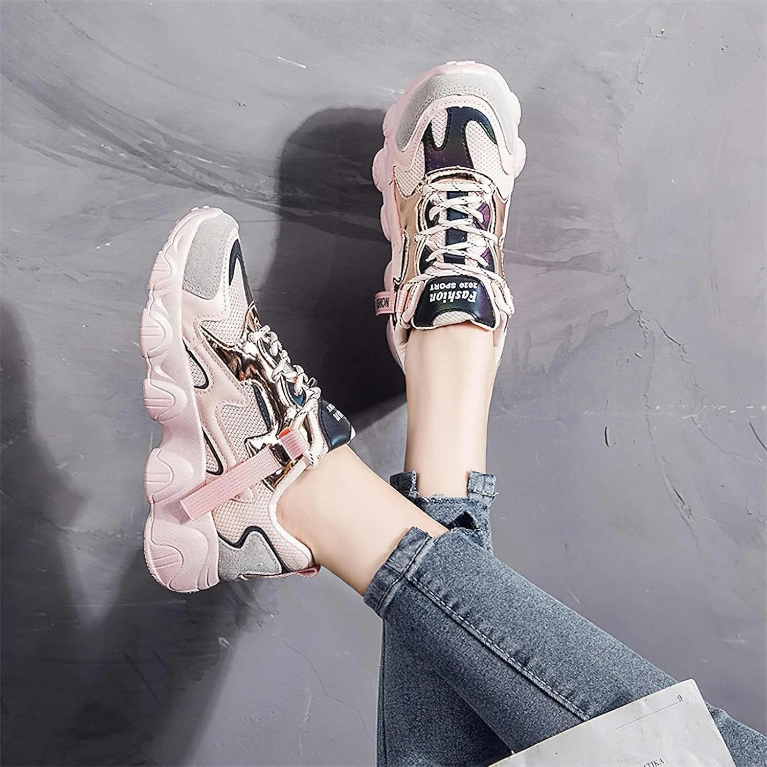 Exusiai Womens Casual Chunky Sneakers White Mesh Breathable Lightweight Platform Shoes Soft Pink Walking Running Dad Shoes