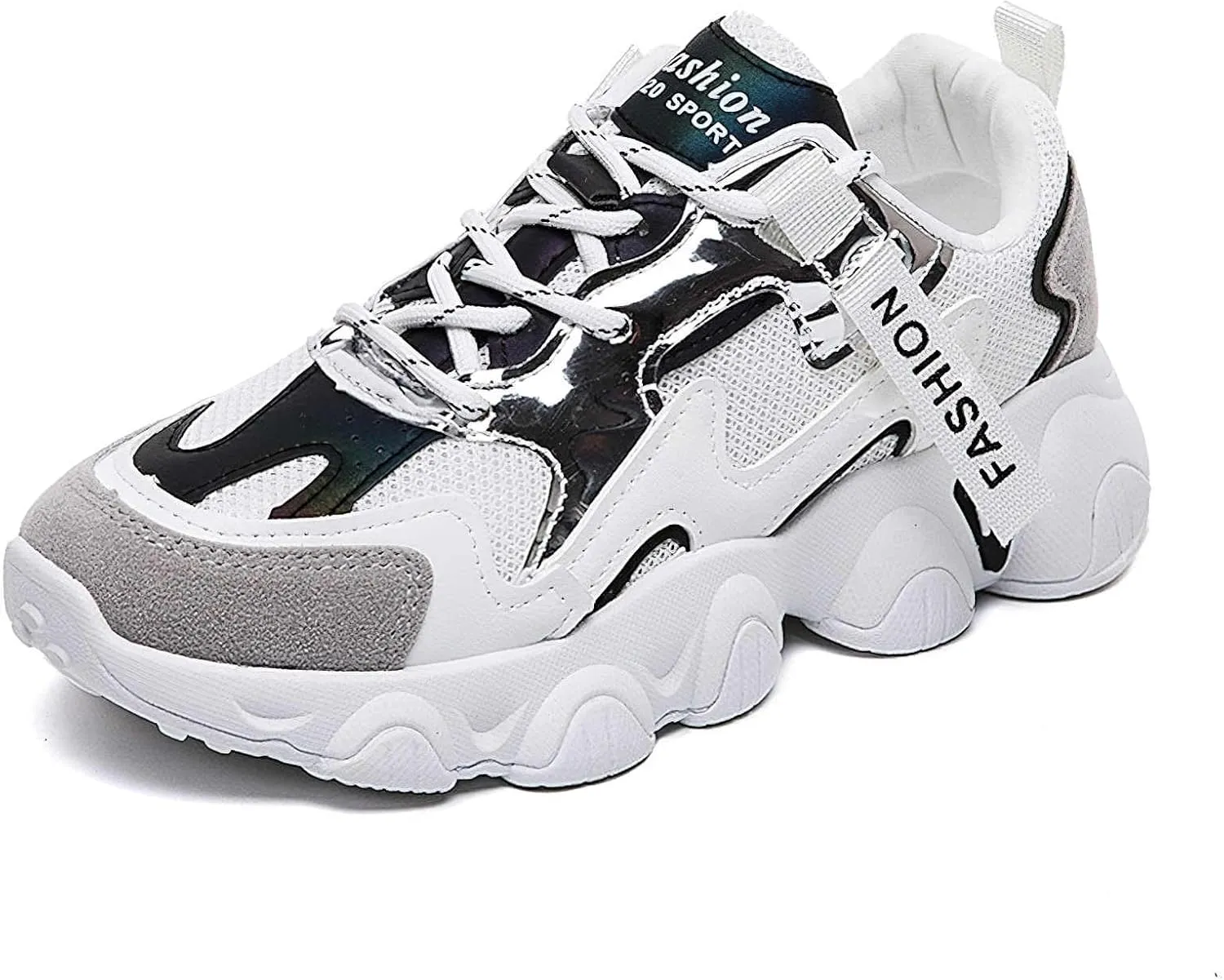 Exusiai Womens Casual Chunky Sneakers White Mesh Breathable Lightweight Platform Shoes Soft Pink Walking Running Dad Shoes