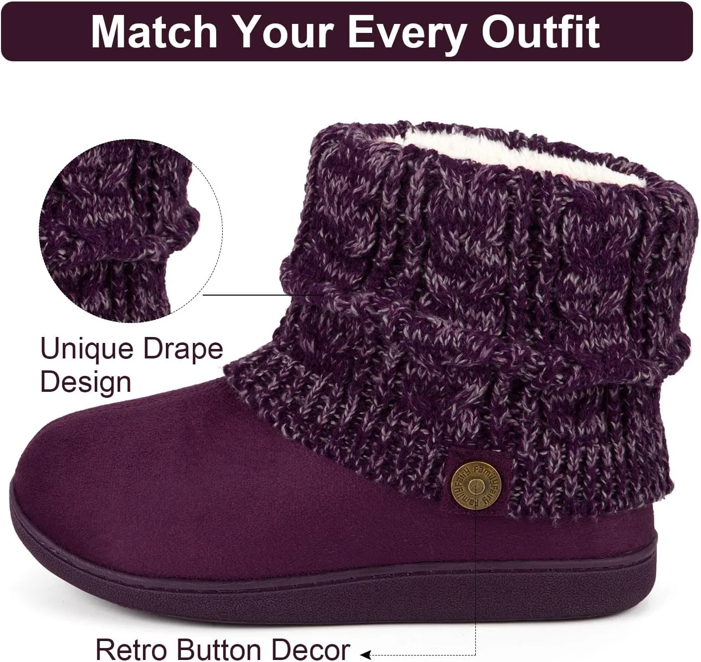 FamilyFairy Women's Woolen Yarn Knit Bootie Slippers Comfy Warm Plush Fleece Memory Foam House Shoes for Indoor Outdoor