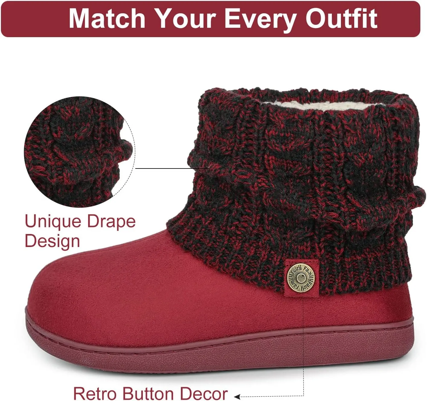 FamilyFairy Women's Woolen Yarn Knit Bootie Slippers Comfy Warm Plush Fleece Memory Foam House Shoes for Indoor Outdoor