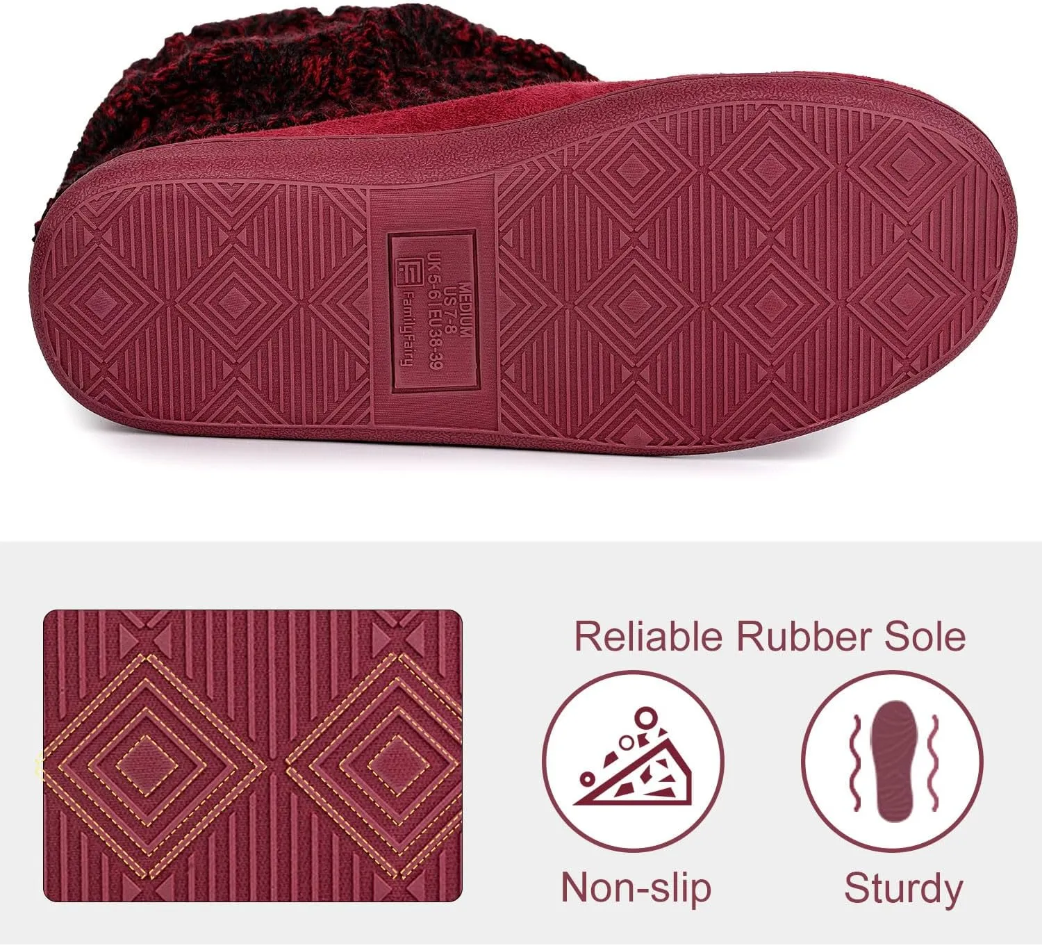 FamilyFairy Women's Woolen Yarn Knit Bootie Slippers Comfy Warm Plush Fleece Memory Foam House Shoes for Indoor Outdoor