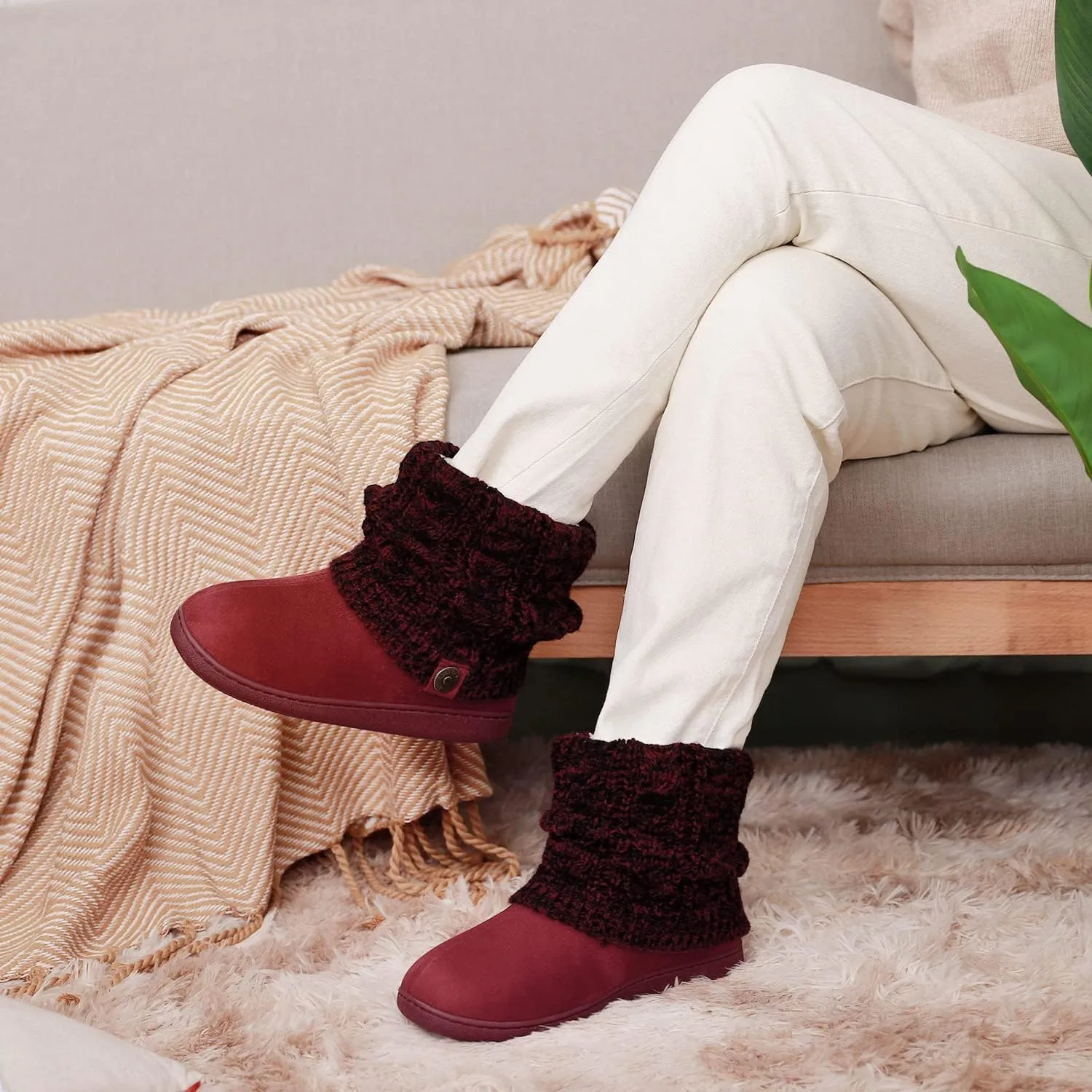 FamilyFairy Women's Woolen Yarn Knit Bootie Slippers Comfy Warm Plush Fleece Memory Foam House Shoes for Indoor Outdoor