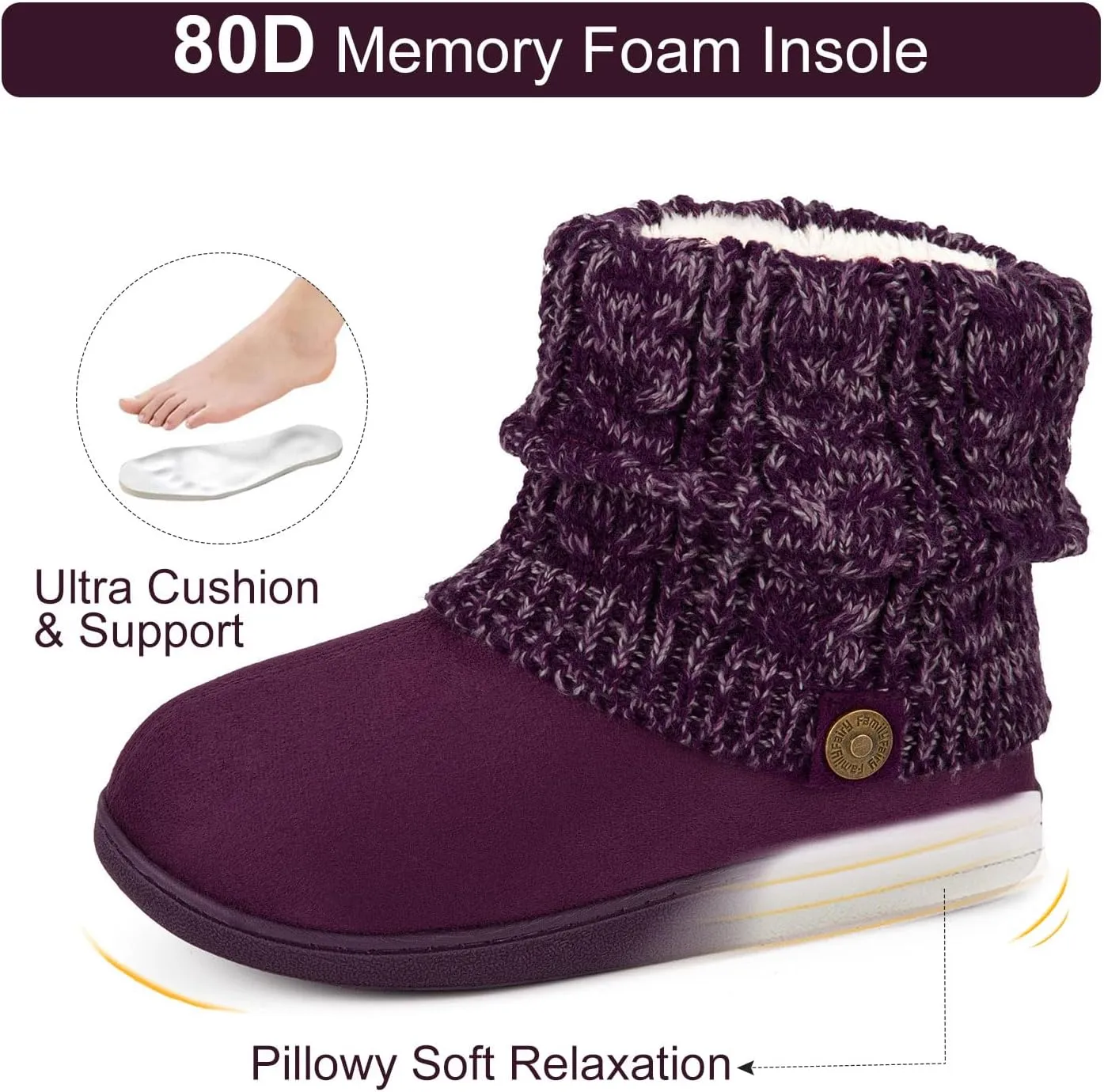 FamilyFairy Women's Woolen Yarn Knit Bootie Slippers Comfy Warm Plush Fleece Memory Foam House Shoes for Indoor Outdoor