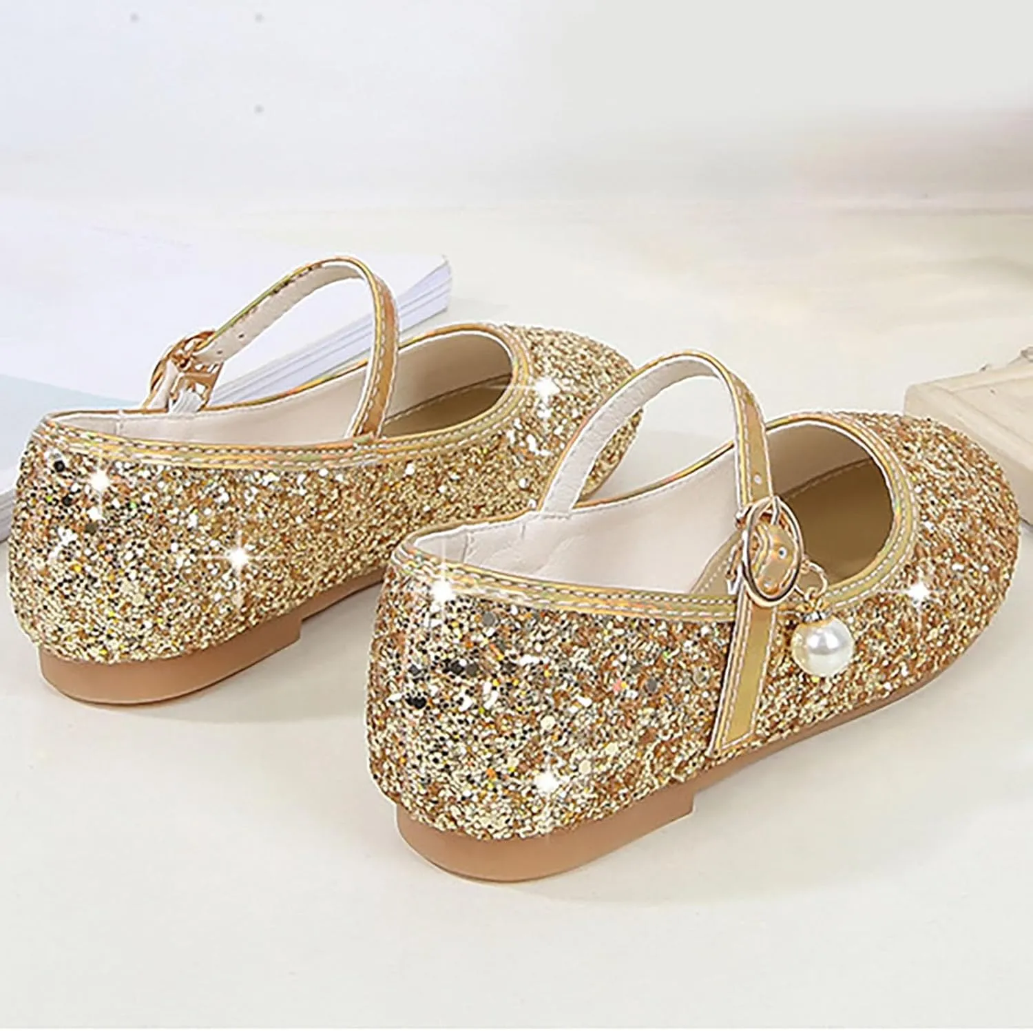 Girls Dress Shoes Glitter Ballet Flats Non-Slip Soft Mary Jane Flower Girl Princess Shoes for School Party Wedding