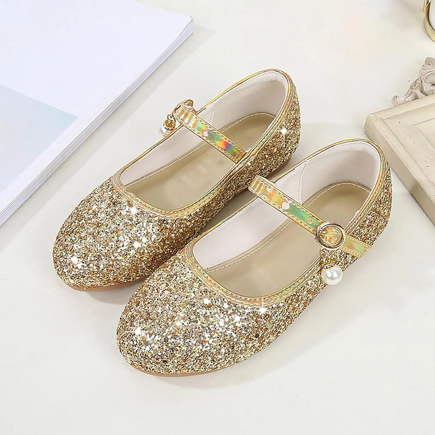 Girls Dress Shoes Glitter Ballet Flats Non-Slip Soft Mary Jane Flower Girl Princess Shoes for School Party Wedding