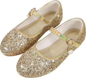 Girls Dress Shoes Glitter Ballet Flats Non-Slip Soft Mary Jane Flower Girl Princess Shoes for School Party Wedding