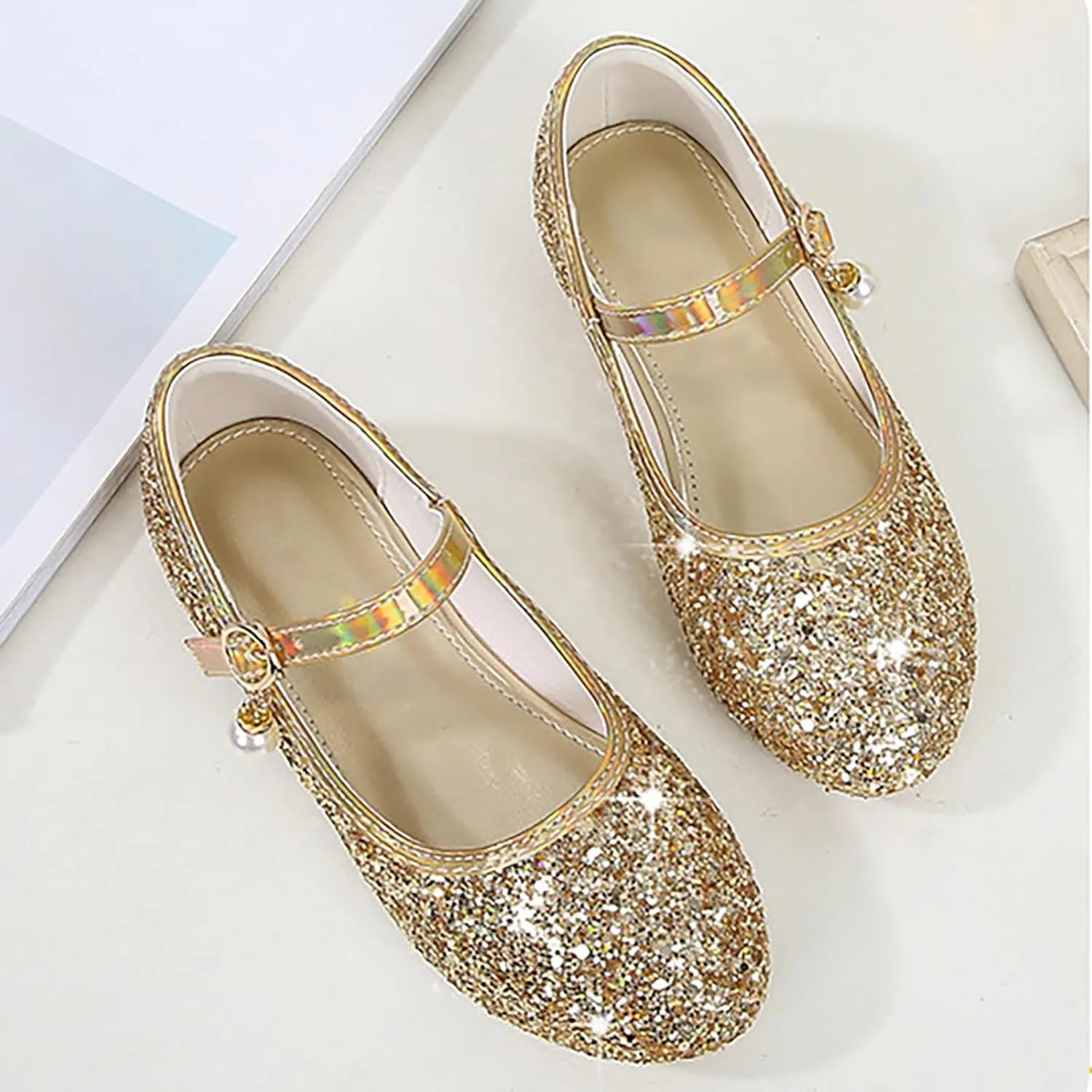 Girls Dress Shoes Glitter Ballet Flats Non-Slip Soft Mary Jane Flower Girl Princess Shoes for School Party Wedding