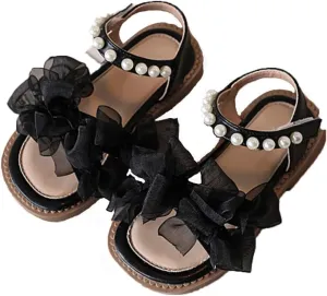 Girls Summer Sandals Mesh Pearl Beaded Ankle Strap Soft Sole Flats Open Toe Bow Flower Pump Dress Wedding Shoes
